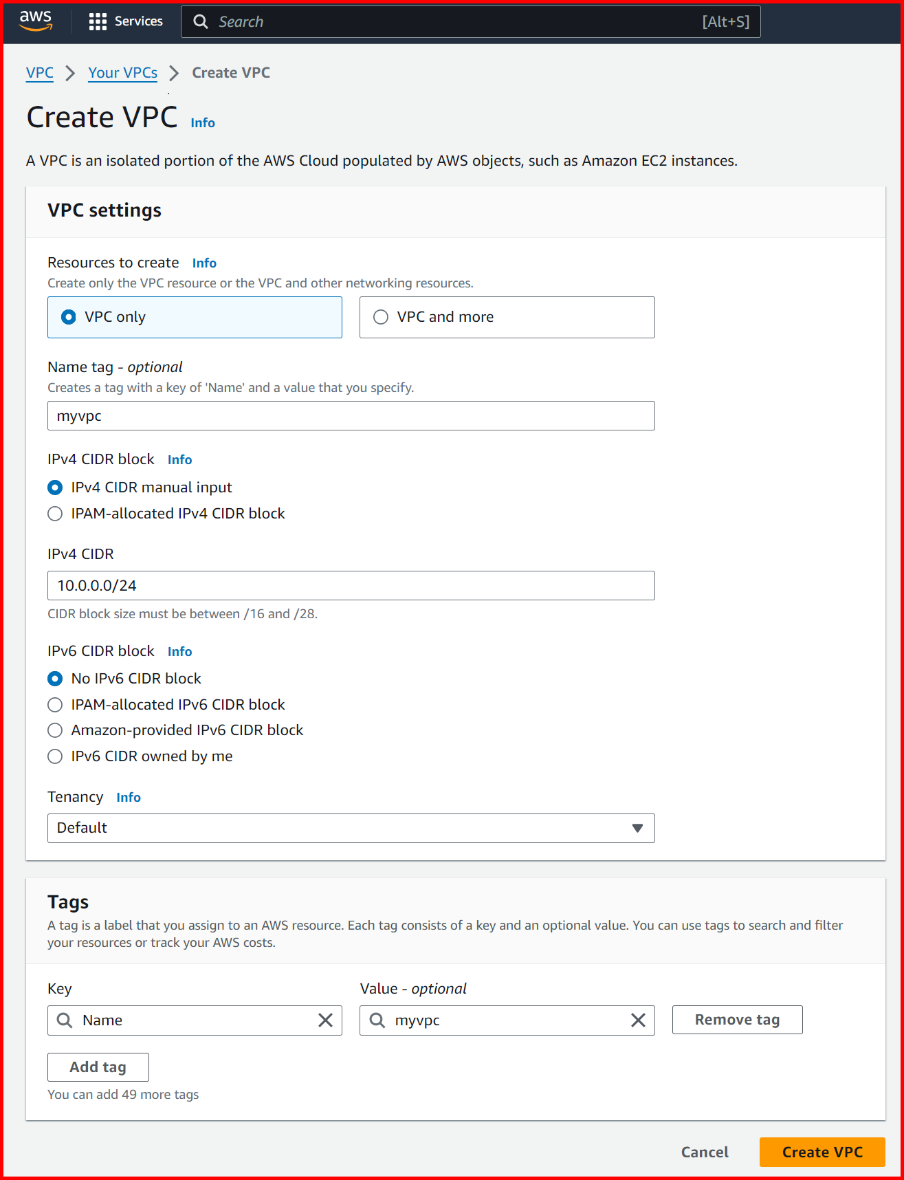 Picture showing the create VPC screen in AWS console